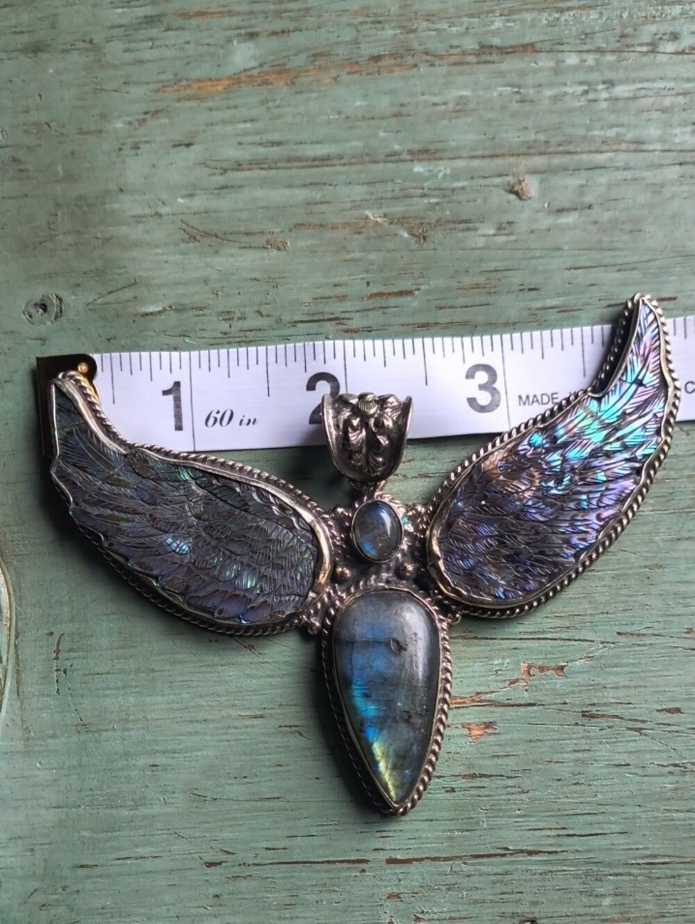 GORGEOUS Blue Labradorite And  Abalone  Angel Fairy Pendant Tibetan Silver - Picture 5 of 10